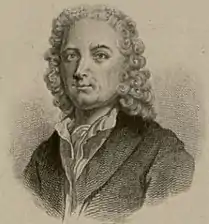 Dessin en noir et blanc et en buste représentant d'un homme vêtu d'un costume de style ancien régime.