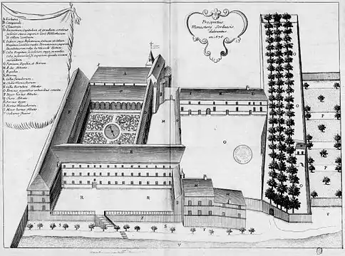Planche gravée du XVIIe siècle représentant l'abbaye Saint-Jean de Sorde, dans le livre Monasticon Gallicanum.