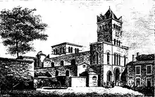 Illustration de la basilique « à la fin du Moyen Âge » dans Les traditions d'Ainay de Florent Dumas publié en 1886.