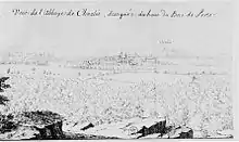 Vue lointaine de l'abbaye et surtout de l'abbatiale au milieu des bois