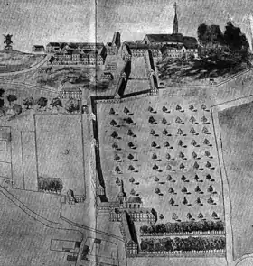 Abbaye d'en haut, abbaye d'en bas et galerie couverte les reliant. Vue vers la fin du XVIIe siècle.