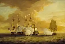 Exemple illustratif d'une bataille entre des bateaux corsaires (ici un navire corsaire français le Du Teillay et l'Elisabeth qui s'opposent au HMS Lion au 18e siècle)