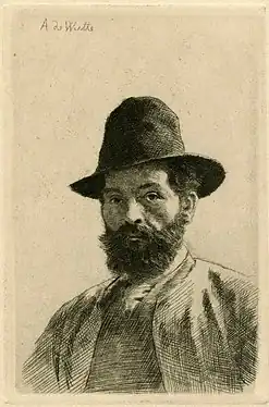 Étude de tête d'homme avec un chapeau haut, 1889 (Eau-forte ; Inv. Delchevalerie no 132 ; 12 × 8 cm), Liège, Musée de la Vie wallonne