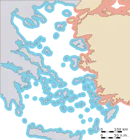 Carte de la mer Égée avec en bleu les territoires appartenant à la Grèce et en rouge, ceux appartenant à la Turquie.