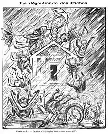 Dessin monochrome d'une tempête fiches s'abattant sur un temple maçonnique sur lequel se tiennent les membres du cabinet Combes.