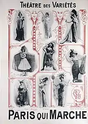 Affiche du théâtre des Variétés en 1897. Amélie Diéterle est représentée en bas et au centre (Musée Carnavalet).