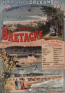 Affiche publicitaire en couleur de 1896 ventant les plages de Bretagne.