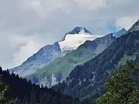 Le dôme de Polset vu depuis Pralognan-la-Vanoise au nord ; à droite au loin se trouve l'aiguille de Polset.