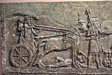 Le roi Sargon II sur son char, sur un ennemi. Musée national d'Irak.