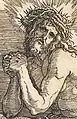 Dessin en noir et blanc représentant un Christ couronné, les mains en prière, le regard tourné vers le spectateur.