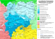 Carte représentant les aires linguistiques du Grand-Est avec frontière entre langues germaniques et romanes