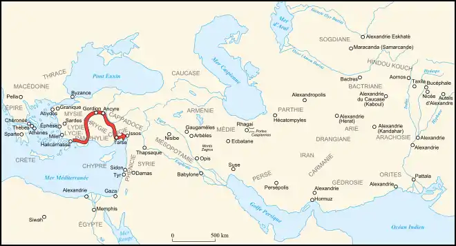 Carte de l'itinéraire d’Alexandre en Asie Mineure au cours de l’année 333