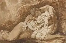 sépia et graphite, femme drapée, tête renversée, dans les bras d'un jeune homme éploré.