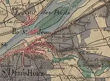 Extrait d'une carte ancienne en couleurs.