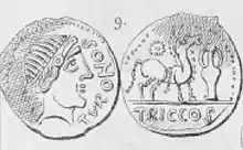 Dessin en noir en noir et blanc d'une monnaie antique, avers et revers.