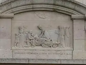 Bas-relief sur l'ambulance du choléra à Paris en 1832 et 1849. Sépulture Pailloux-Haumontré, Saint-Ambreuil, Saône-et-Loire.