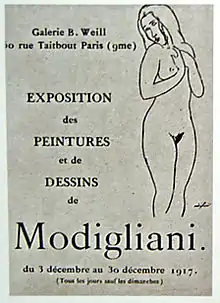 Rectangle gris clair avec caractères noirs et nu féminin dessiné à la plume sur le côté droit