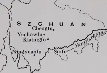 Carte du Sichuan montrant les stations missionnaires baptistes américaines