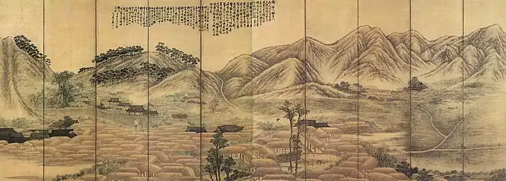An Jung-sik (1861-1919). Paysage à Yeong-gwang. Paravent, 10 f., 1915. Encre et coul. légères s. soie. L. 473 cm. Leeum, Samsung Museum of Art.