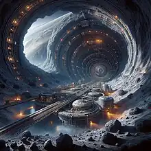Illustration d'une base lunaire construite dans un tunnel de lave.