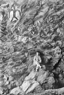 Photographie représentant un enfant assis sur les rochers devant une série de peintures rupestres.