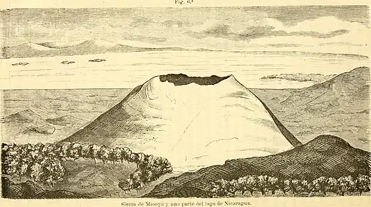 «&nbsp;Sierra de Masaya et une partie du lac Nicaragua », illustration de 1882 (Anales de la Sociedad Española de Historia Natural).