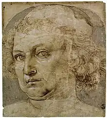 Gravure en tons sépias d'une tête d'homme tournée vers la droite, vue de trois-quarts gauche et fixant le spectateur