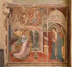 Peinture. L'ange et Marie sont placés dans un intérieur de style gothique. En haut, Dieu confie la palme à l'ange.