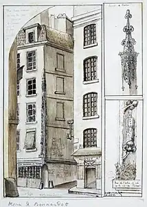 La Maison de l'Arbre-aux-Prêcheurs, au coin de la rue des Prêcheurs et de la rue Saint-Denis vers 1840, avec en son coin l'enseigne dite « Arbre-aux-Prêcheurs ».
