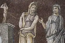 Hippolyte fils de Thésée avec Phèdre, mosaïque des Quatre Saisons, musée d'Antakya, IIe siècle.