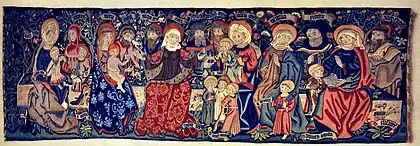 Antependium, Heilige Sippe (1490/1500), Strasbourg, maintenant Musée des arts appliqués (Francfort).  On lit de gauche à droite : Maria Salomé, Jacobus, Zebedeus, S. Johannes, Maria, (Jésus n'est pas nommé) Joseph, Joachim, S. Anna, Alpheus, Joseph, Simon, Jude, Cleobas, Maria Cleoba, puis tout à  droite : Memelia, Eimyn, S. Cerruaci (Servais), S. Johannes Battista, S. Elisabeth et Zacharias.