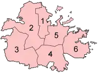 1. Saint-George 2. Saint-John 3. Saint-Mary 4. Saint-Paul 5. Saint-Peter 6. Saint-Philip.