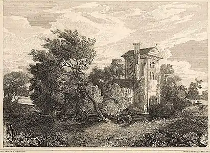 Image en noir et blanc d'une porterie d'un manoir.