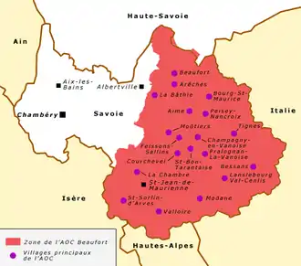 Carte géographique montrant les limites de l'appellation beaufort dans le département de la Savoie. La zone délimitée est colorée en rose foncé sur fond clair. Les principaux villages sont situés et au nord, la délimitation déborde un peu sur le département de la Haute-Savoie. (val d'Arly)