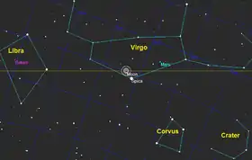 Le mouvement horaire de la Lune à travers l'ombre de la Terre dans la constellation de la Vierge, près de l'étoile Alpha Virginis.