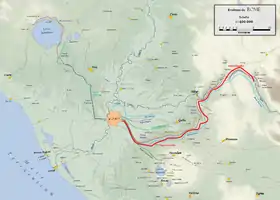 Plan du Latium antique avec l'Aqua Claudia en rouge.