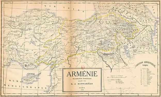 Une carte géographique avec l'Arménie au milieu.