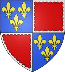 Armes de la branche d'Orval à partir du XVe siècle : Écartelé, au premier et au quatrième de France, au deuxième et au troisième de gueules à la bordure engrêlée d’argent.