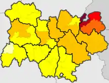 Carte des arrondissement de la région Auvergne-Rhône-Alpes en fonction de la médiane du revenu disponible par UC en 2013