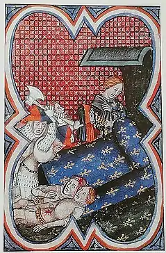 Massacre des conseillers du dauphin par les émeutiers parisiens portant le chaperon bleu et rouge.