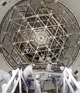 Assemblage des planchers en treillis d'aluminium à l'intérieur du réservoir d'hydrogène reconverti.