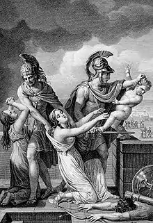 Dessin représentant un soldat grec sur le point de jeter un enfant par-dessus une muraille, devant sa mère.