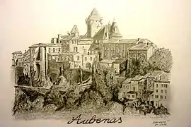 Vue du château d'Aubenas, illustration crayon 2016.