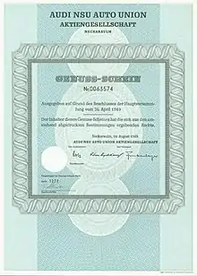 Action de jouissance d'Audi NSU Auto Union AG en date d'août 1969.