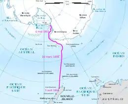 Carte montrant la dérive du navire de la mer de Ross à la Nouvelle-Zélande.