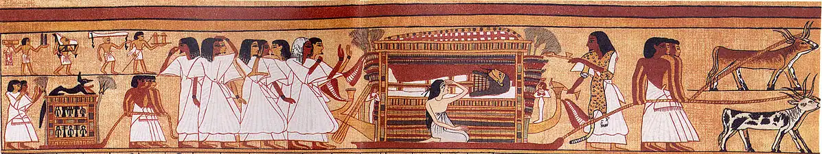 Papyrus peint montrant une frise de personnages, des serviteurs et servantes, qui accomplissent les rites funéraires pour une momie (au centre).