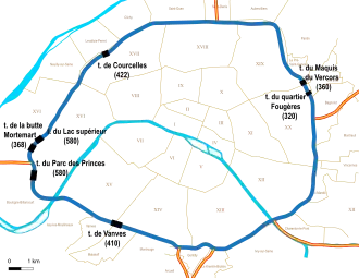 Schéma localisant les 7 tunnels de plus de 300 m (5 dans la partie gauche, 2 à droite)