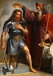 Tableau du XIXe siècle illustrant le baptême de Clovis, évènement mis en valeur par un roman national repris par le discours sur les racines chrétiennes de la France.