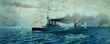 tableau : un navire de guerre à vapeur en mer