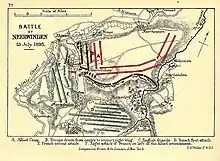 Gravure. Des troupes alliées viennent du centre soutenir l'aile droite. Première attaque française par le sud-ouest. Deuxième attaque par le sud-est. Attaque française sur l'est des retranchements alliés.